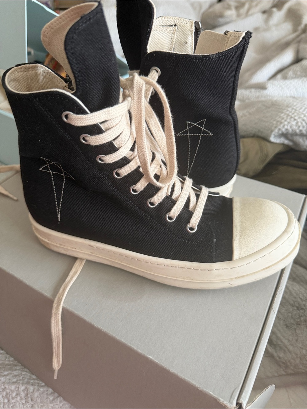 Rick Owens Black Canvas High-Top Sneakers with Cream Accents